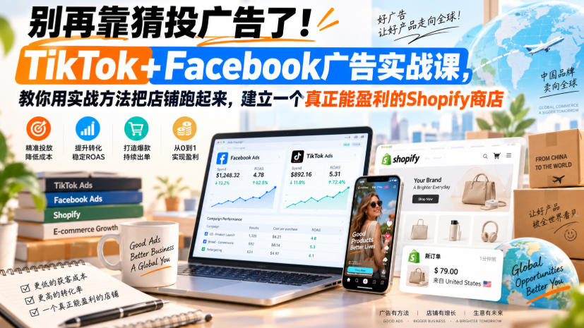 别再靠猜投广告了！TikTok+Facebook广告实战课，教你用实战方法把店铺跑起来，建立一个真正能盈利的Shopify商店【原创双语字幕】-智点网