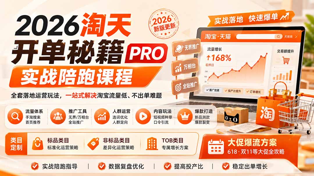 2026淘天开单秘籍PRO实战陪跑课程：全套落地运营玩法，一站式解决淘宝流量低、不出单难题(更新260906-智点网