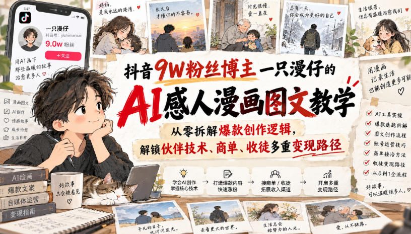 抖音9W粉丝博主一只漫仔的AI感人漫画图文教学，从零拆解爆款创作逻辑，解锁伙伴技术、商单、收徒多重变现路径-智点网
