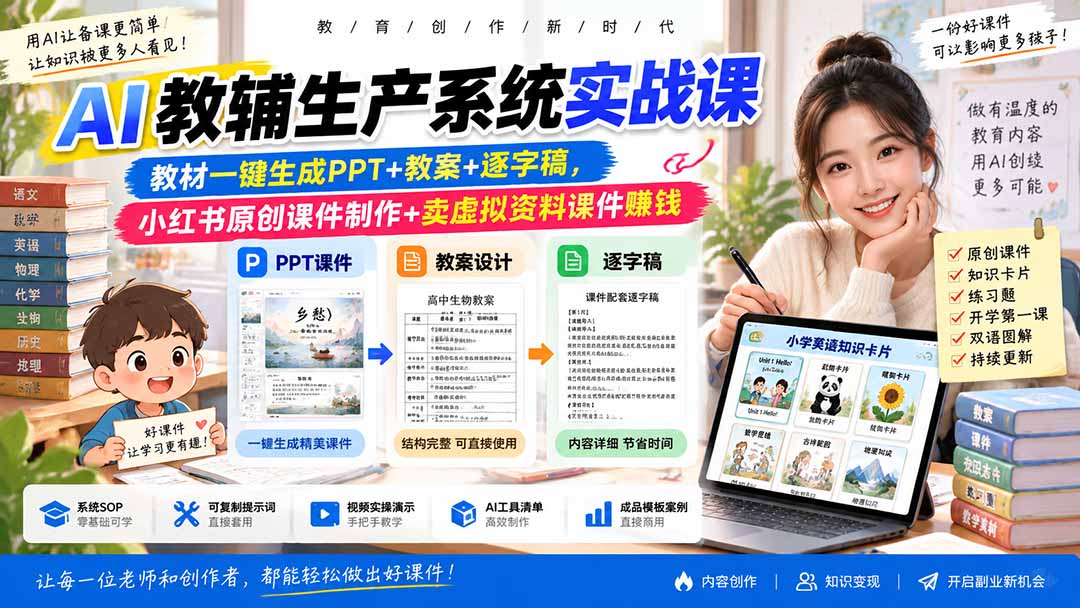 AI教辅生产系统实战课｜教材一键生成PPT+教案+逐字稿，小红书原创课件制作+卖虚拟资料课件赚钱-智点网