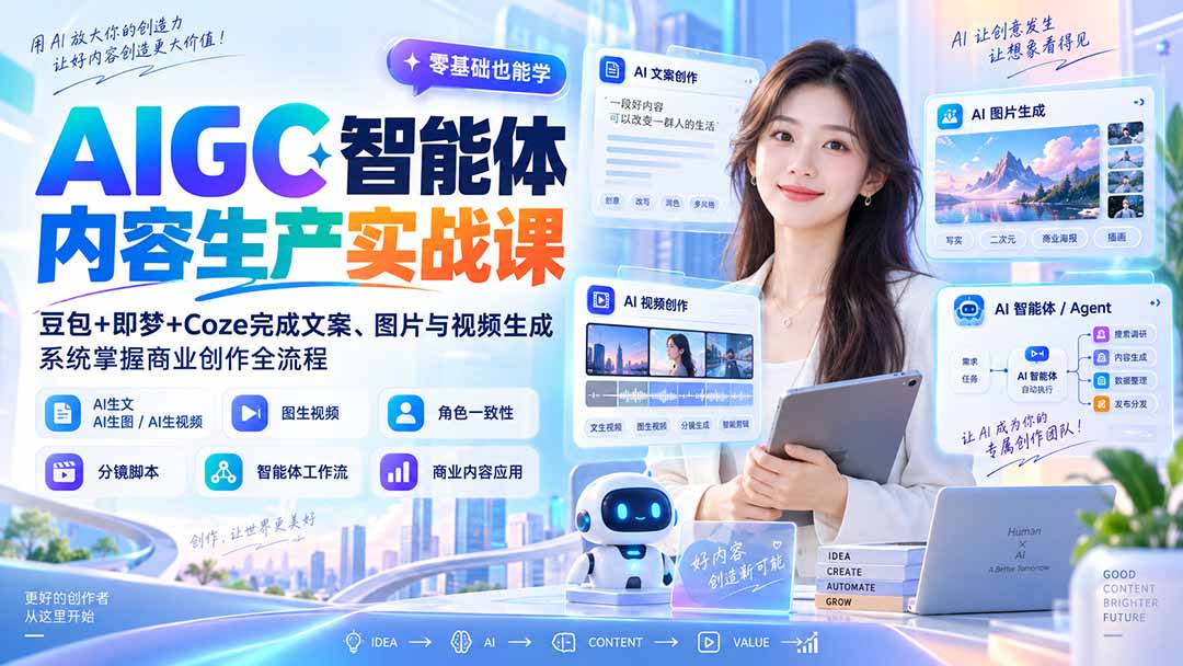 AIGC智能体内容生产实战课：豆包+即梦+Coze完成文案、图片与视频生成，系统掌握商业创作全流程-智点网