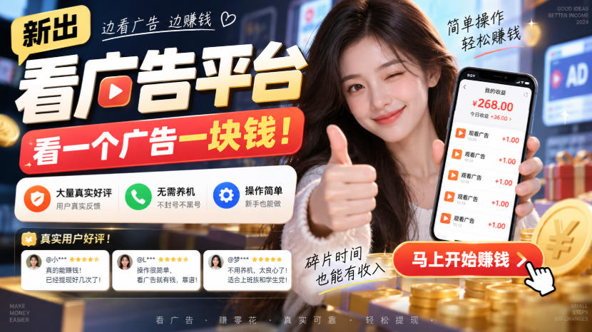 新出看广告平台，看一个广告一块钱，大量真实好评！无需养机、不会黑号，操作简单【揭秘】-智点网