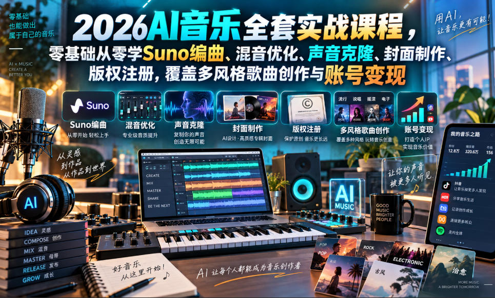 2026AI音乐实战课程，零基础从零学Suno编曲、混音优化、声音克隆、版权注册，覆盖多风格歌曲创作与账号变现-智点网