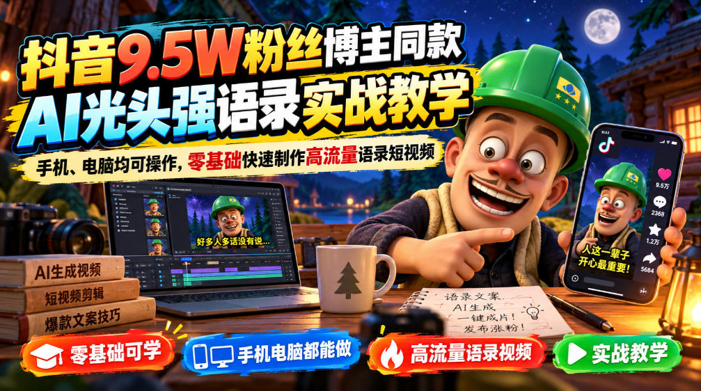 抖音9.5W粉丝博主同款AI光头强语录实战教学，手机、电脑均可操作，零基础快速制作高流量语录短视频-智点网