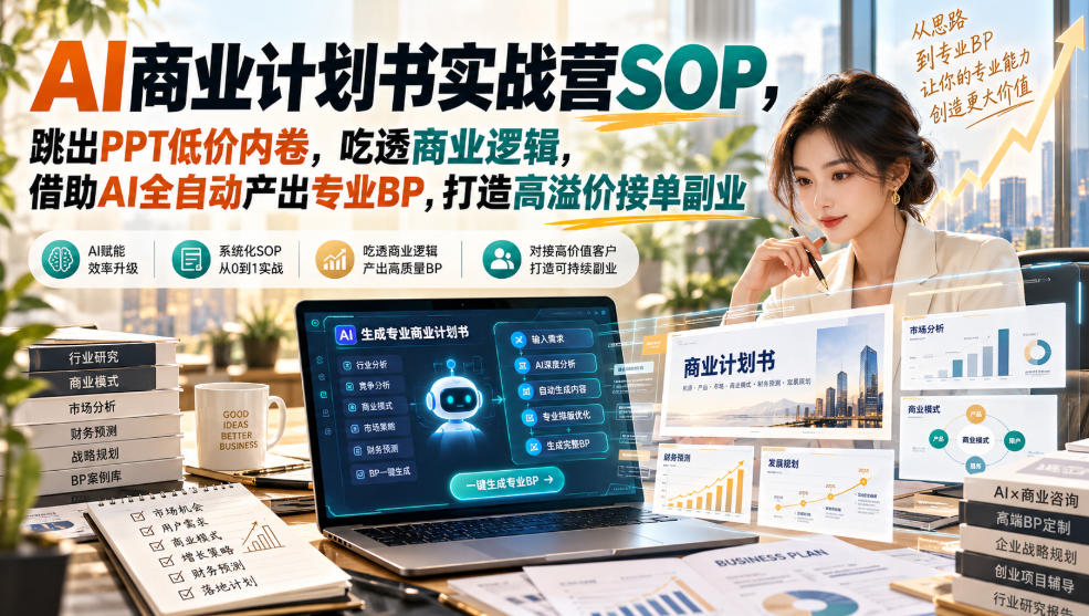 AI商业计划书实战营SOP，跳出PPT低价内卷，吃透商业逻辑，借助AI全自动产出专业BP，打造高溢价接单副业-智点网