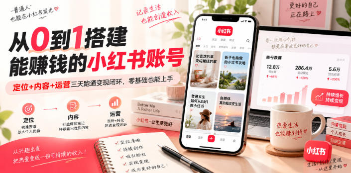 从0到1搭建能賺钱的小红书账号，定位+内容+运营三天跑通变现闭环-智点网