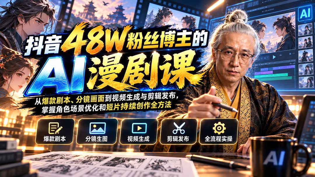 抖音48W粉丝博主的AI漫剧课：从爆款剧本、分镜画面到视频生成与剪辑发布，掌握角色场景优化和短片持续创作全方法-智点网