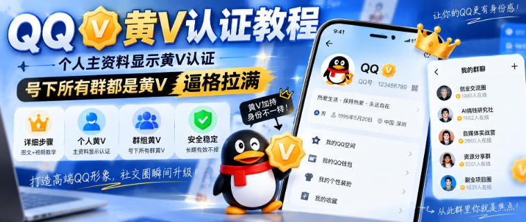 QQ黄V认证教程，个人主资料显示黄V认证，号下所有群都是黄V，逼格拉满-智点网