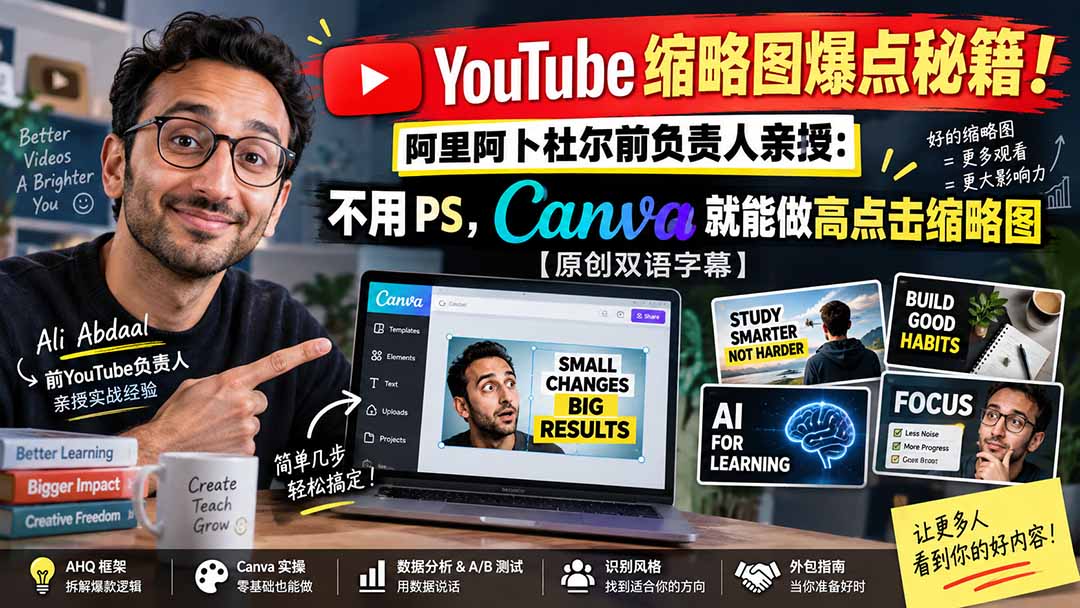 YouTube 缩略图爆点秘籍！阿里阿卜杜尔前负责人亲授：不用 PS，Canva 就能做高点击缩略图【原创双语字幕】-智点网