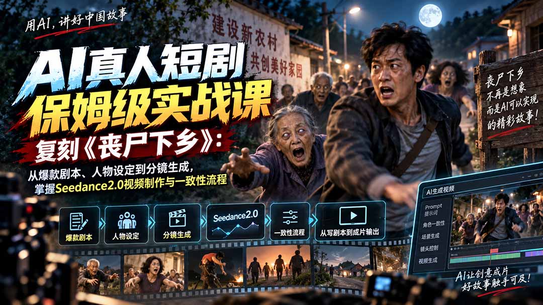 AI真人短剧保姆级实战课，复刻《丧尸下乡》：从爆款剧本、人物设定到分镜生成，掌握Seedance2.0视频制作与一致性流程-智点网
