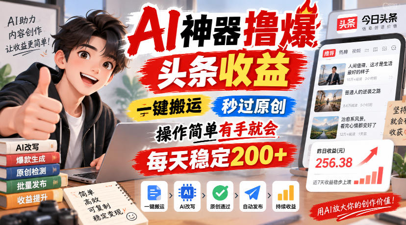 AI神器撸爆头条收益，一键搬运，秒过原创，操作简单有手就会，每天稳定200+【揭秘】-智点网
