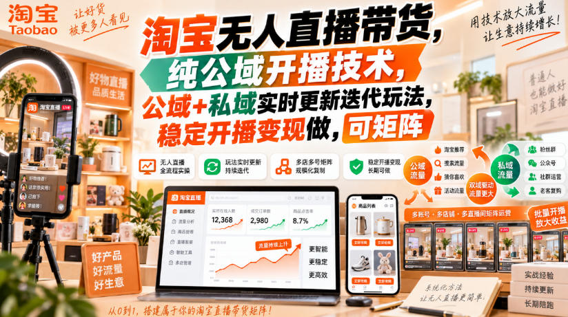淘宝无人直播带货，纯公域开播技术，公域+私域实时更新迭代玩法，稳定开播变现做，可矩阵【揭秘】-智点网