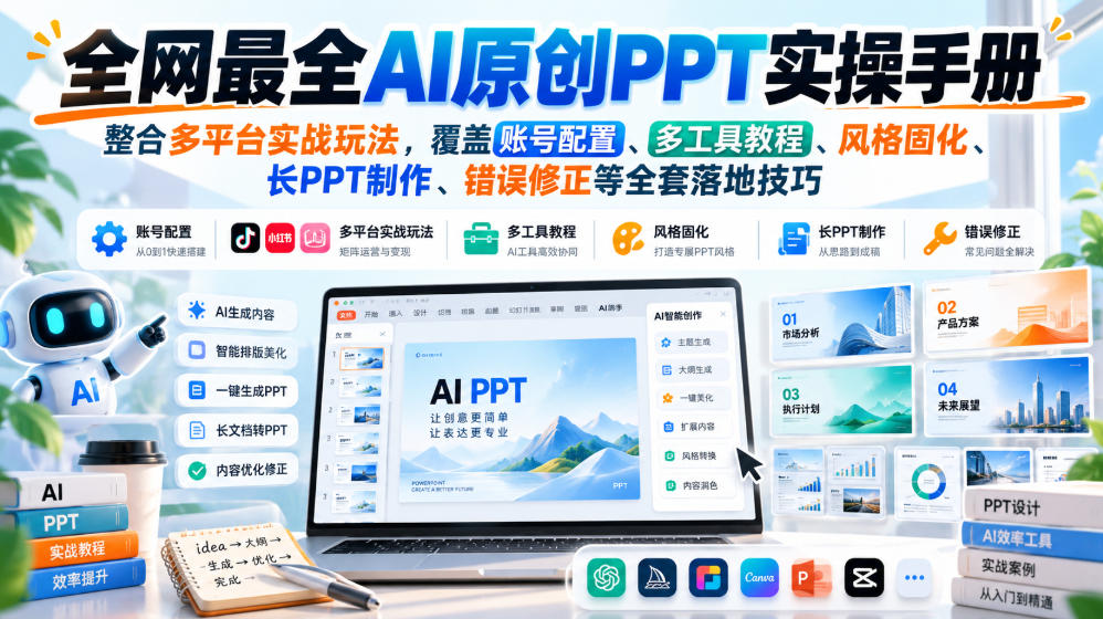 全网最全AI原创PPT实操手册，整合多平台实战玩法，覆盖账号配置、多工具教程、风格固化、长PPT制作、错误修正等全套落地技巧-智点网