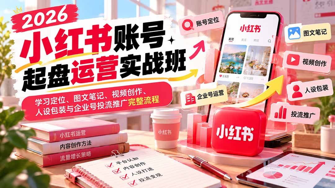 2026小红书账号起盘运营实战班：学习定位、图文笔记、视频创作、人设包装与企业号投流推广完整流程-智点网