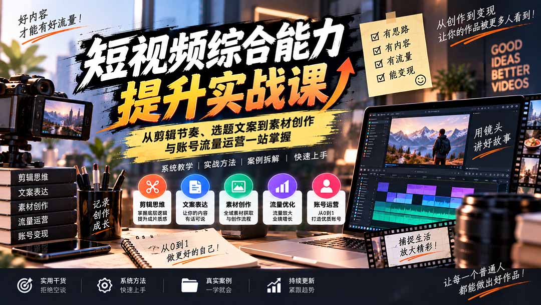 短视频综合能力提升实战课：从剪辑节奏、选题文案到素材创作与账号流量运营一站掌握-智点网