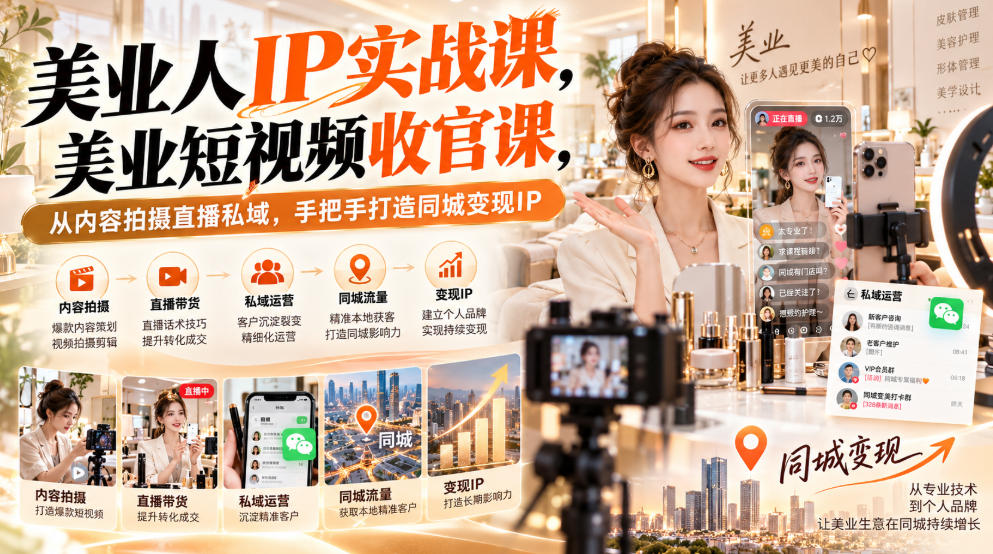 【无水印】美业人IP实战课，美业短视频收官课，从内容拍摄直播私域，手把手打造同城变现IP-智点网