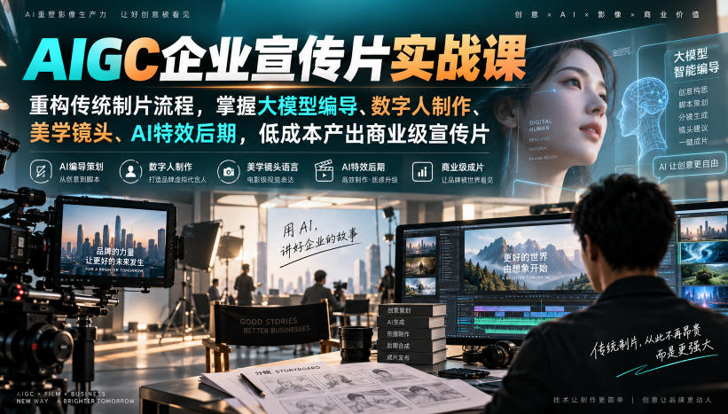 AIGC企业宣传片实战课，重构传统制片流程，掌握大模型编导、数字人制作、美学镜头、AI特效后期，低成本产出商业级宣传片-智点网