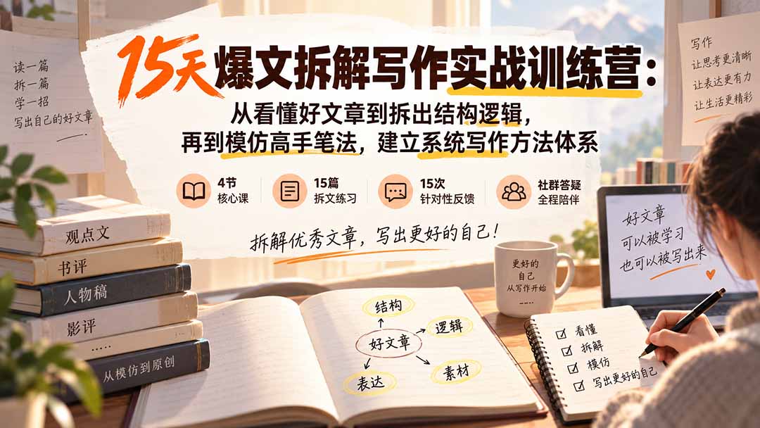 15天爆文拆解写作实战训练营：从看懂好文章到拆出结构逻辑，再到模仿高手笔法，建立系统写作方法体系-智点网