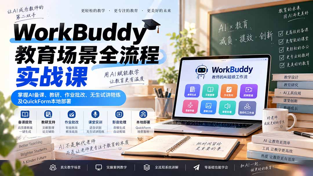 WorkBuddy教育场景全流程实战课：掌握AI备课、教研、作业批改、无生试讲陪练及QuickForm本地部署-智点网