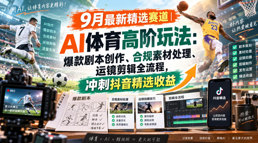 某大佬的9月最新精选赛道之AI体育顶级玩法，爆款剧本创作、版权规避、运镜剪辑全流程，稳拿抖音精选收益-智点网