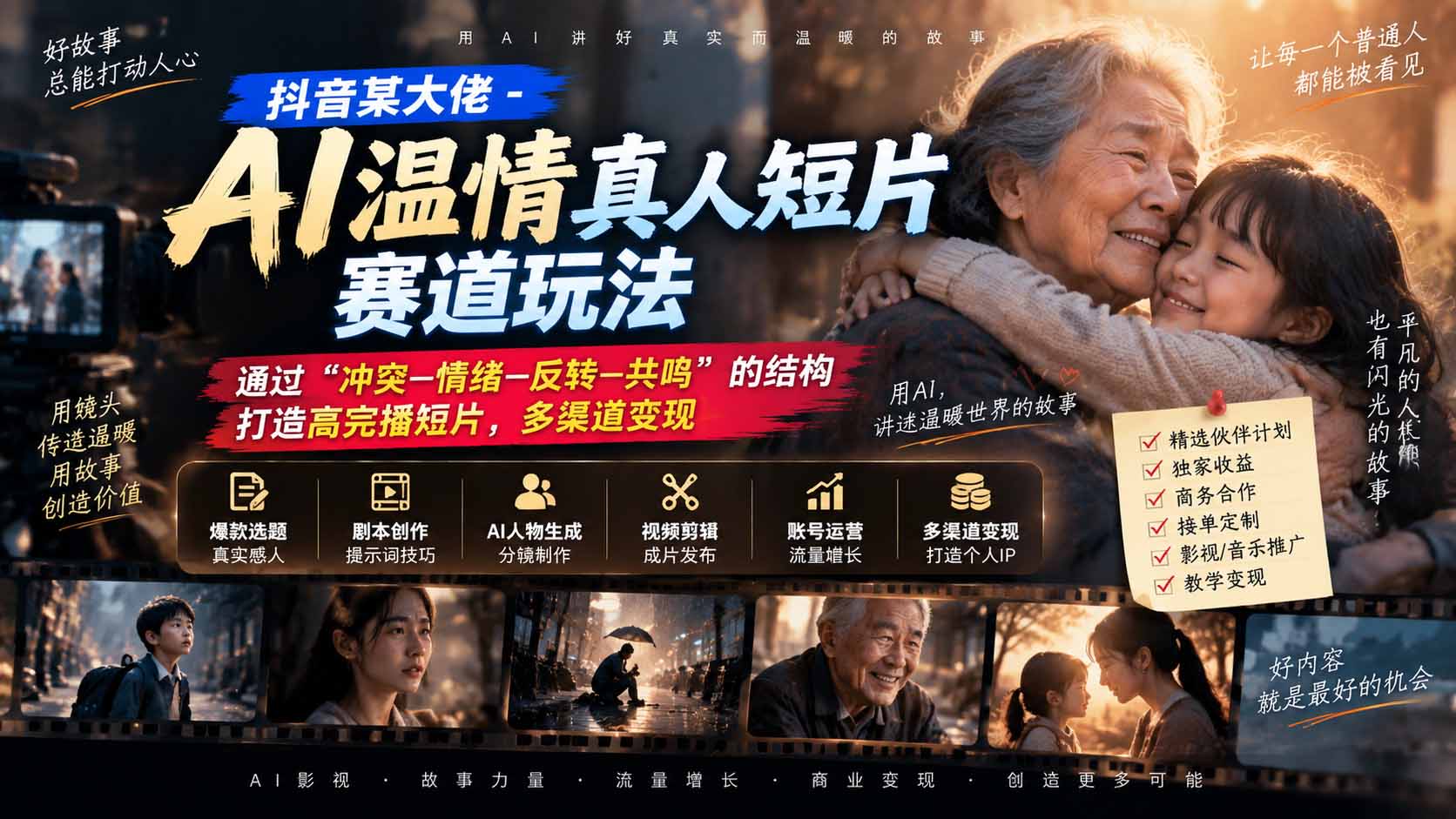 抖音某大佬-AI温情真人短片赛道玩法：通过“冲突—情绪—反转—共鸣”的结构打造高完播短片，多渠道变现-智点网
