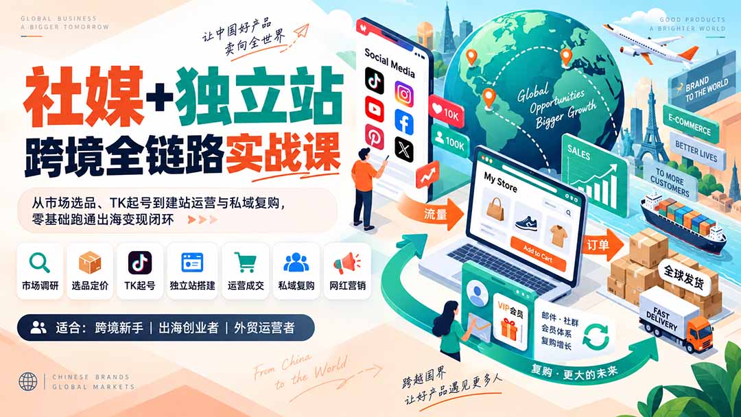 社媒+独立站跨境全链路实战课：从市场选品、TK起号到建站运营与私域复购，零基础跑通出海变现闭环-智点网