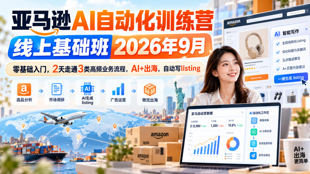 亚马逊AI自动化训练营线上基础班2026年9月，零基础入门，2天走通3类高频业务流程，AI+出海，自动写listing-智点网