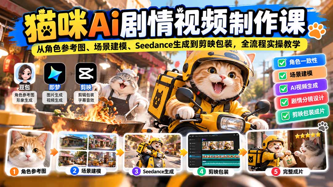 猫咪AI剧情视频制作课：从角色参考图、场景建模、Seedance生成到剪映包装，全流程实操教学-智点网