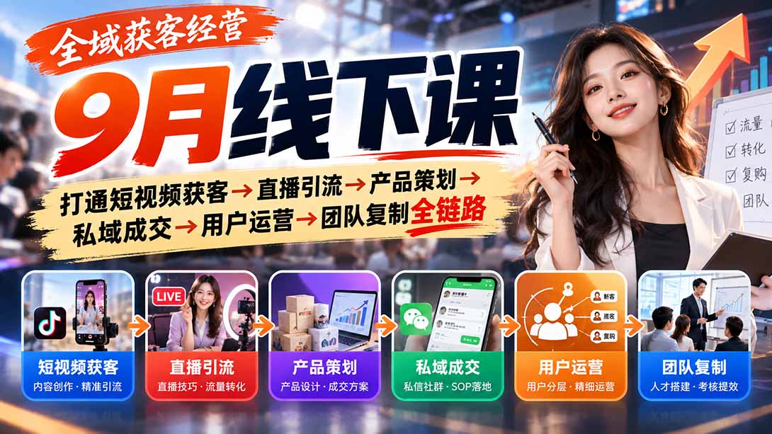 全域获客经营9月线下课:打通短视频获客→直播引流→产品策划→私域成交→用户运营→团队复制全链路-智点网