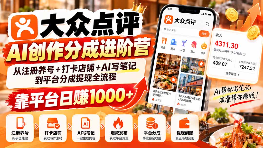 大众点评AI创作分成进阶营：从注册养号+打卡店铺+AI写笔记到平台分成提现全流程，靠平台日赚1000+-智点网