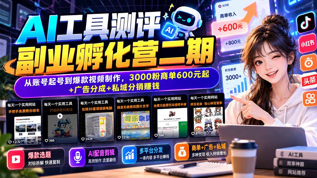 AI工具测评副业孵化营二期：从账号起号到爆款视频制作，3000粉商单600元起+广告分成+私域分销赚钱-智点网