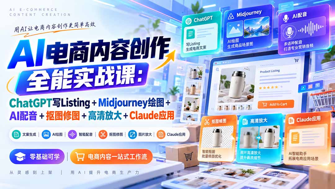 【无水印】AI电商内容创作全能实战课：ChatGPT写Listing+Midjourney绘图+AI配音+抠图修图+高清放大+Claude应用-智点网