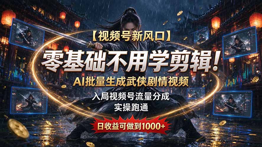 【视频号新风口】零基础不用学剪辑！AI 批量生成武侠剧情视频，入局视频号流量分成，实操跑通，日收益可做到 1000+-智点网
