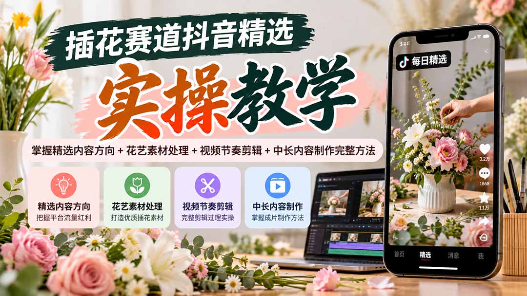 插花赛道抖音精选实操教学:掌握精选内容方向+花艺素材处理+视频节奏剪辑+中长内容制作完整方法-智点网