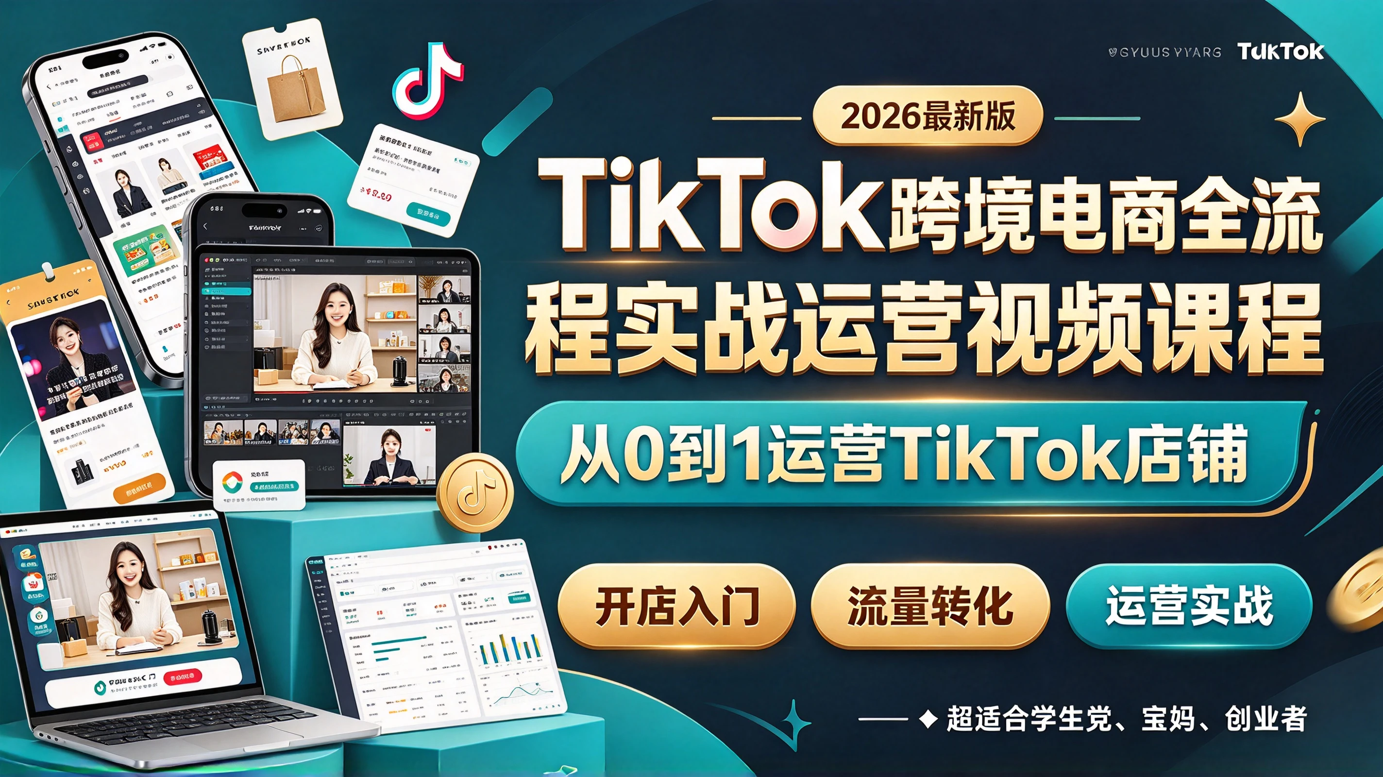 【精】2026最新版TikTok跨境电商全流程实战运营视频课程，从0到1运营TikTok店铺，超适合学生党、宝妈、创业者-智点网