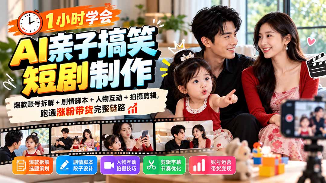 1小时学会AI亲子搞笑短剧制作：爆款账号拆解+剧情脚本+人物互动+拍摄剪辑，跑通涨粉带货完整链路-智点网
