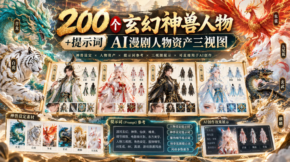 200个玄幻神兽人物+提示词ai漫剧人物资产三视图-智点网