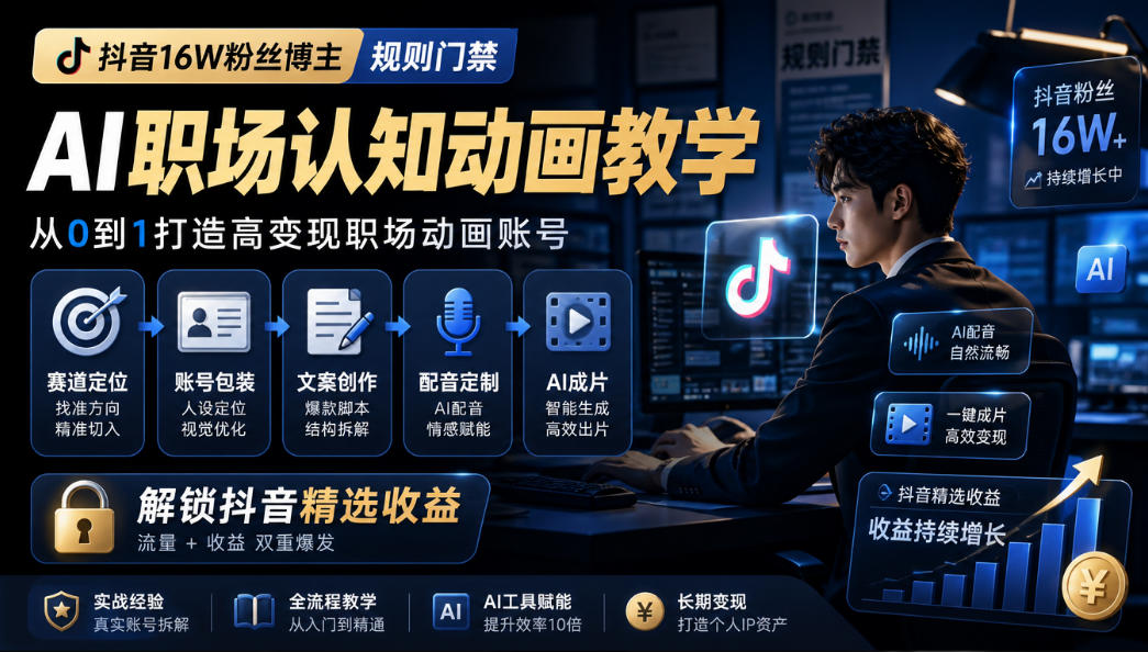 抖音16W粉丝博主规则门禁的AI职场认知动画教学，从赛道定位、账号包装，到文案创作、配音定制、AI成片，解锁抖音精选收益-智点网