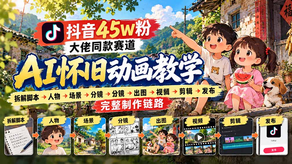 抖音45W粉大佬同款赛道AI怀旧动画教学：拆解脚本→人物→场景→分镜→出图→视频→剪辑→发布完整制作链路-智点网
