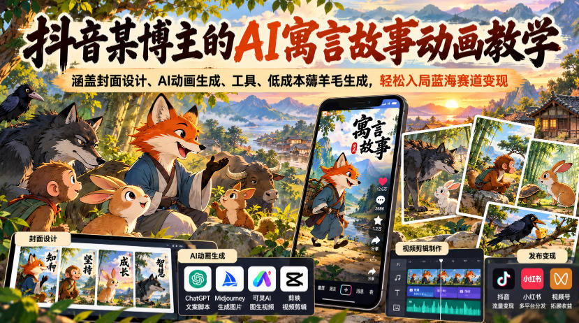 抖音某博主的AI寓言故事动画教学，涵盖封面设计、AI动画生成、工具、低成本薅羊毛生成，轻松入局蓝海赛道变现-智点网