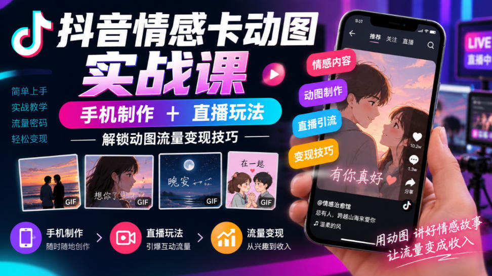 抖音情感卡动图实战课｜手机制作+直播玩法，解锁动图流量变现技巧-智点网