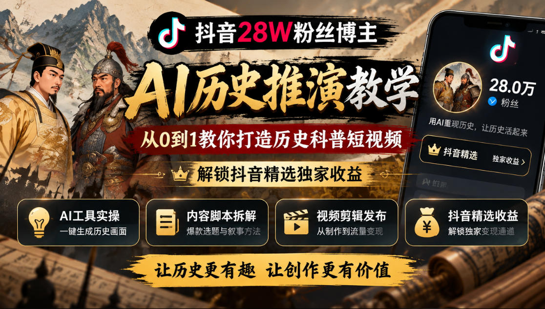 抖音28W粉丝博主的AI历史推演教学，从0到1教你打造历史科普短视频，解锁抖音精选独家收益-智点网