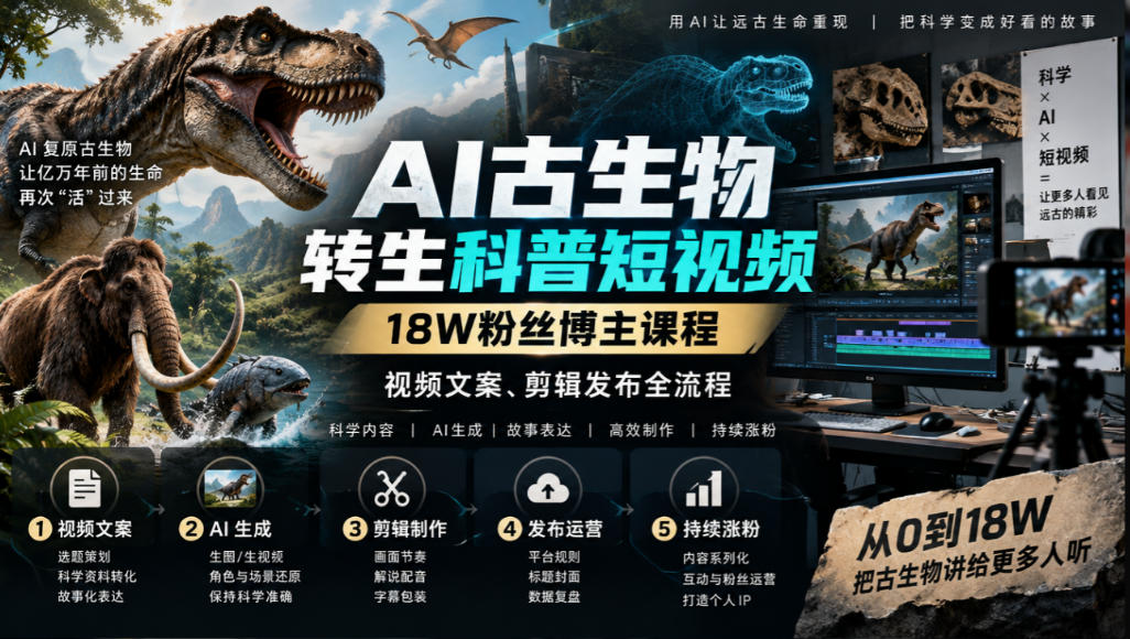 AI古生物转生科普短视频，18W粉丝博主课程，视频文案、剪辑发布全流程-智点网