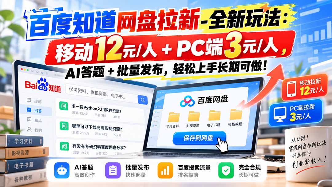 百度知道网盘拉新-全新玩法：移动12元/人+PC端3元/人，AI答题+批量发布，轻松上手长期可做！-智点网