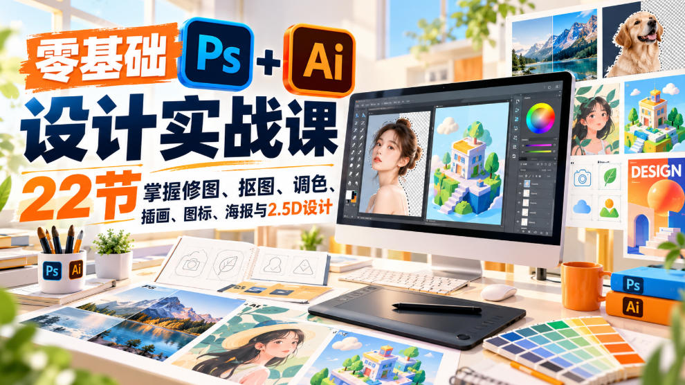 【无水印】零基础PS+AI设计实战课｜22节掌握修图、抠图、调色、插画、图标、海报与2.5D设计-智点网