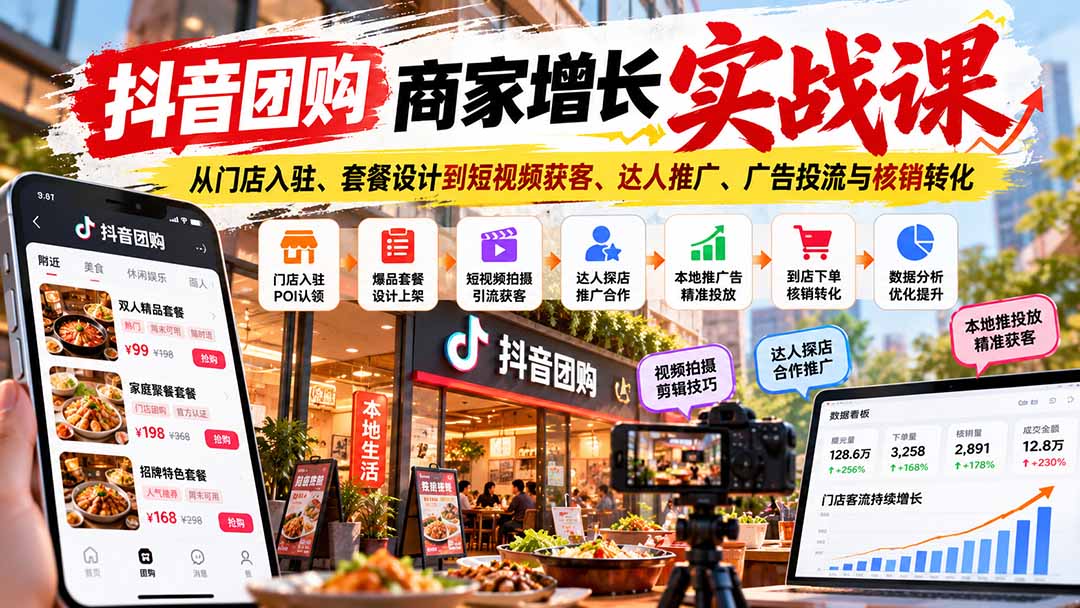抖音团购商家增长实战课：从门店入驻、套餐设计到短视频获客、达人推广、广告投流与核销转化-智点网