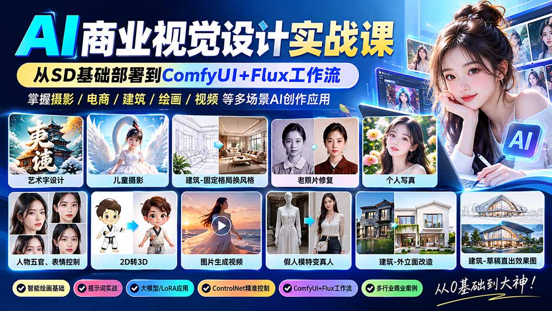 【无水印】AI商业视觉设计实战课：从SD基础部署到ComfyUI+Flux工作流，掌握摄影电商建筑AI创作-智点网