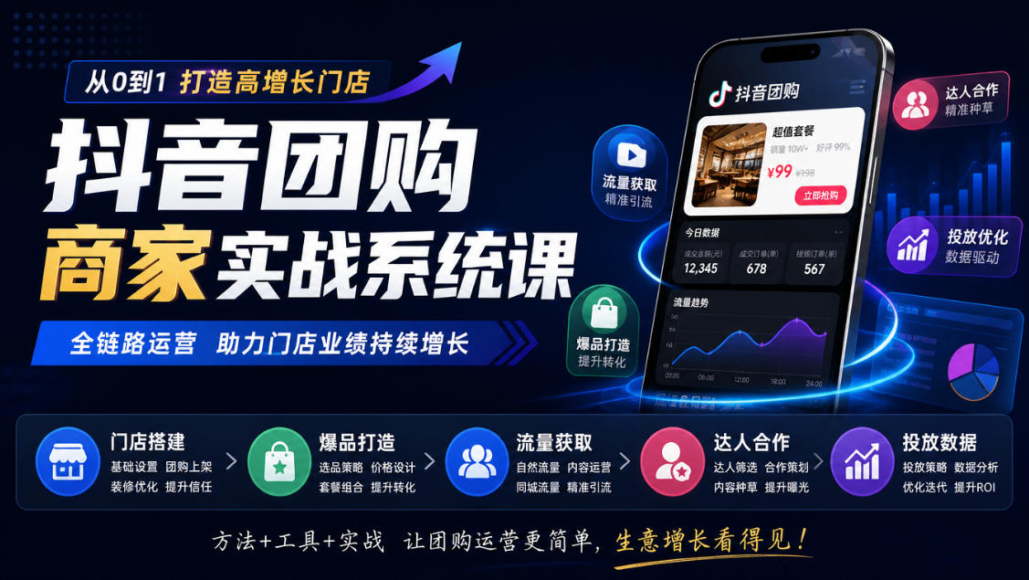 抖音团购商家实战系统课｜门店搭建、爆品打造、流量获取、达人合作、投放数据全链路运营-智点网