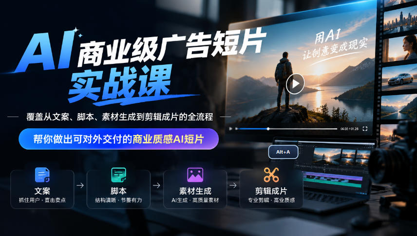 AI商业级广告短片实战课，覆盖从文案、脚本、素材生成到剪辑成片的全流程，帮你做出可对外交付的商业质感AI短片-智点网