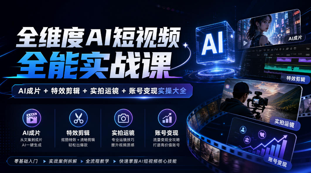 全维度AI短视频全能实战课，AI成片+特效剪辑+实拍运镜+账号变现实操大全-智点网
